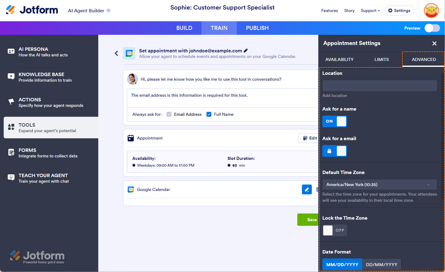 Advanced tab of Google Calendar Appointment Settings in AI Agent Jotform