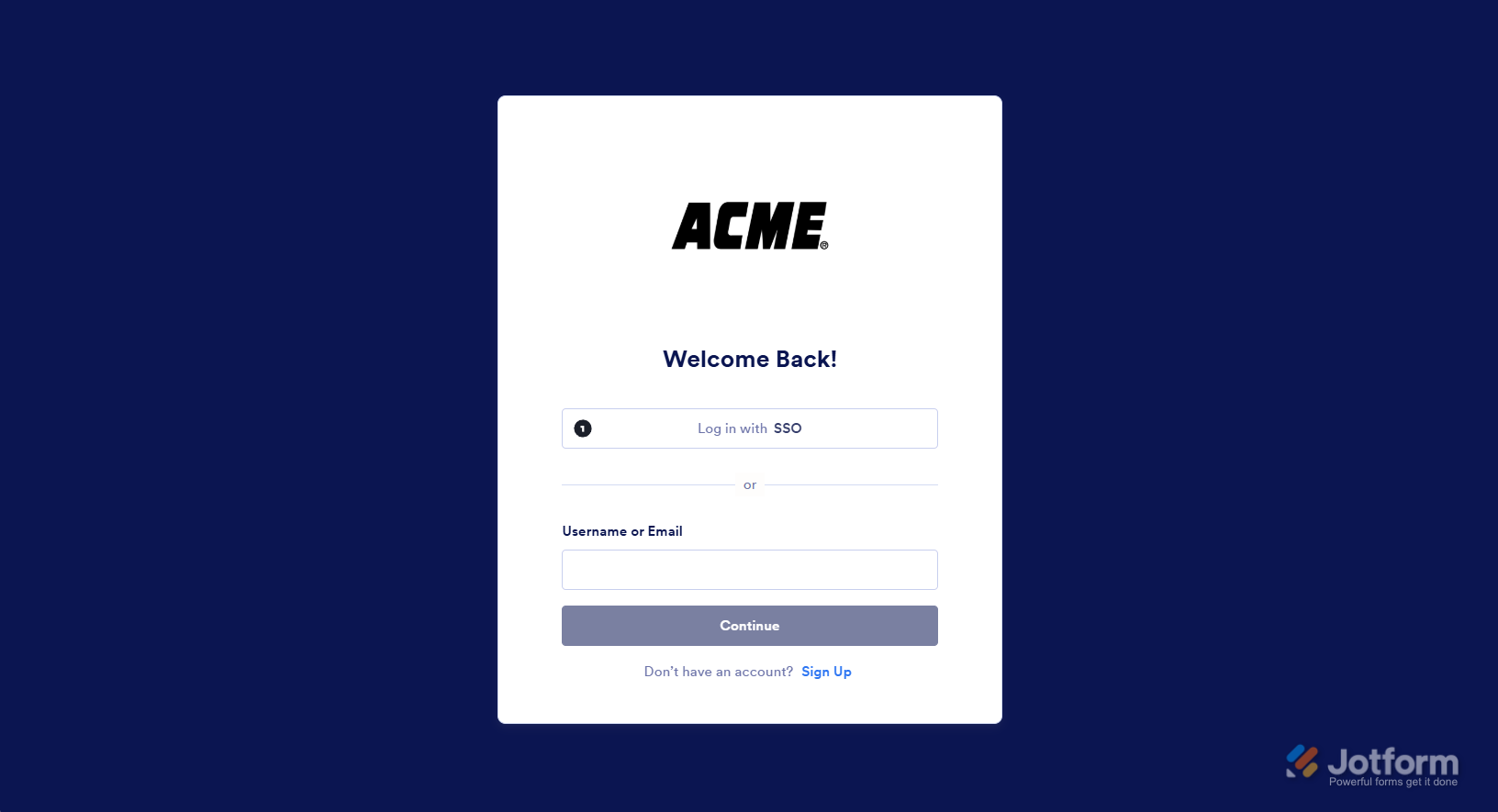 Login page of a Jotform Enterprise Server with SSO enabled