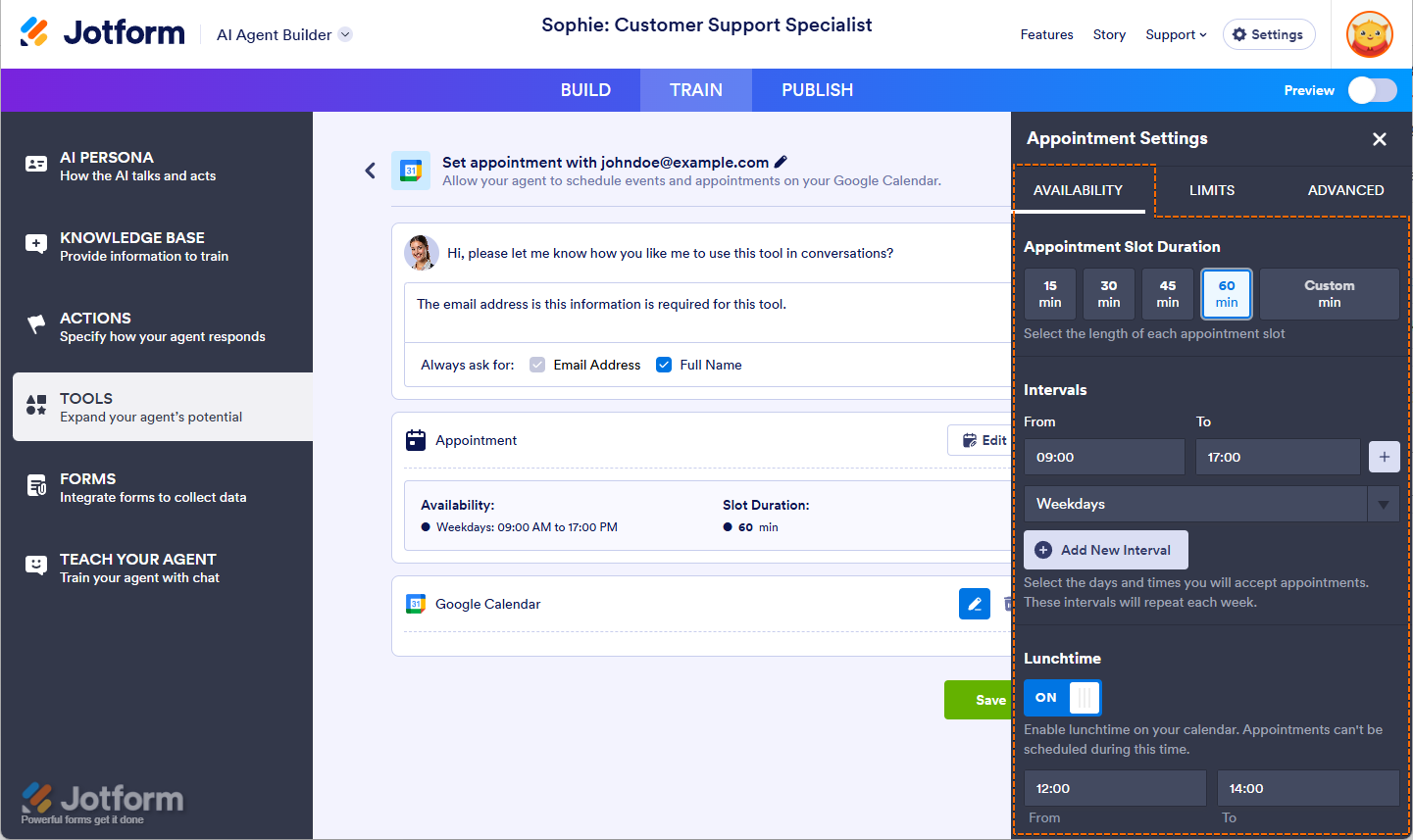 Availability tab of Google Calendar Appointment Settings in AI Agent Jotform