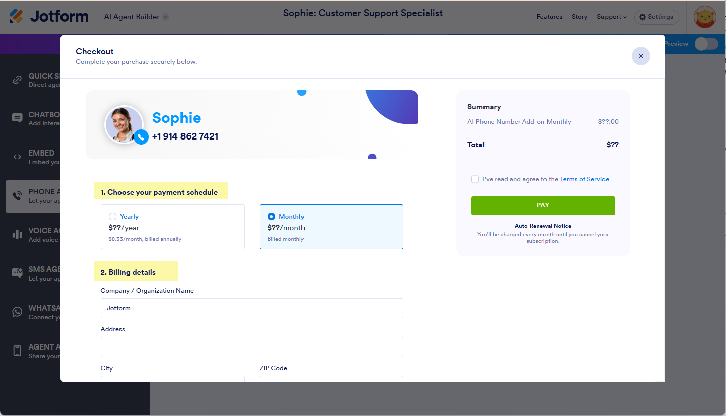 Choose your payment schedule and Billing Details in the Payment Page of Get Number in AI Agent Builder Jotform