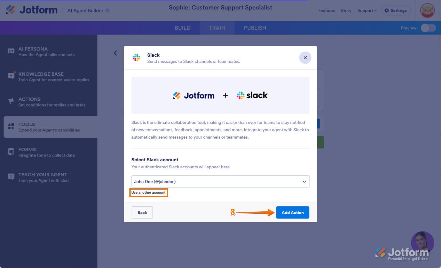Choose Another Account or Add Action in AI Agent Jotform
