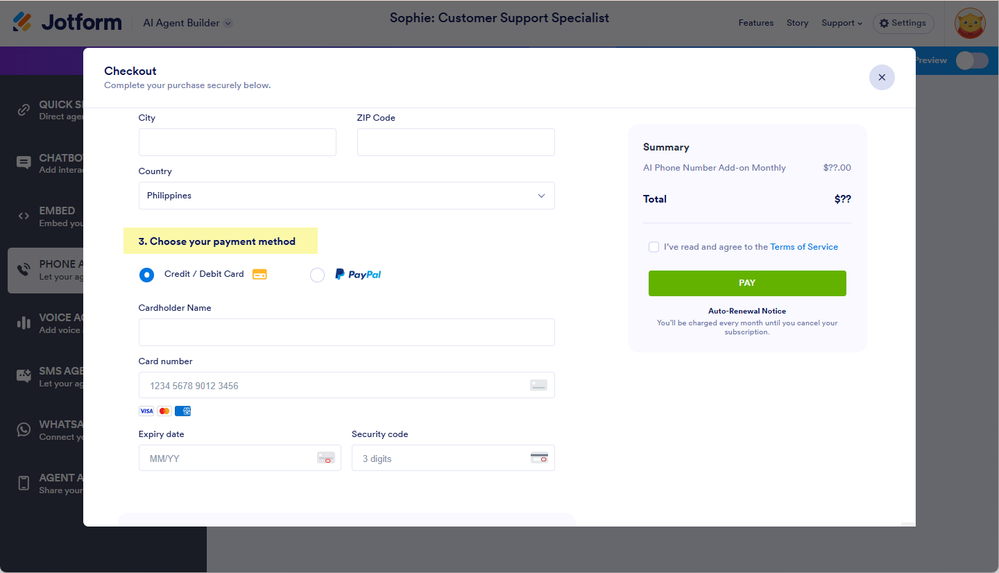 Choose your payment method in the Payment Page of Get Number in AI Agent Builder Jotform