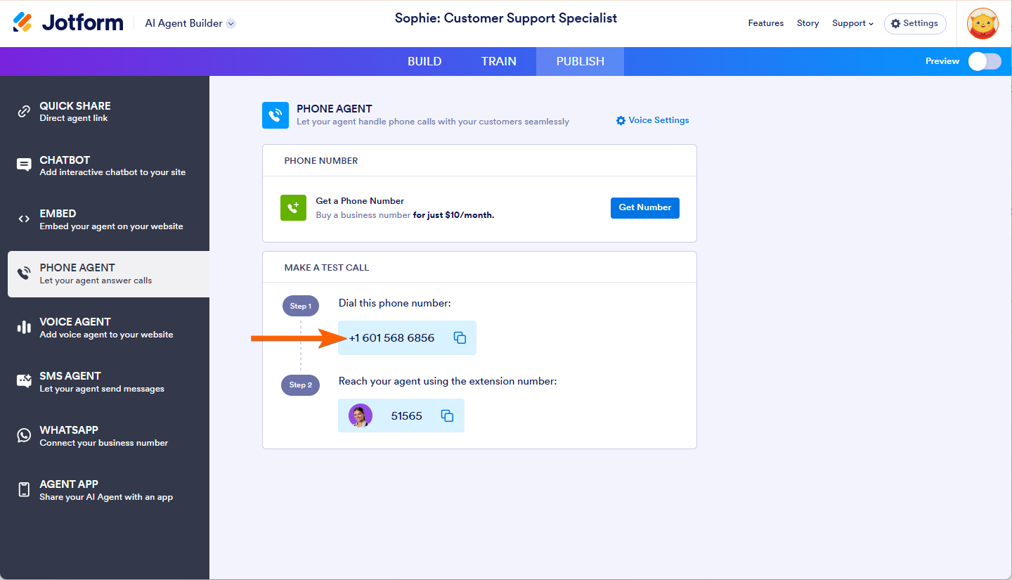 Click the Phone Number to Make a Test Call in AI Agent Builder in Jotform