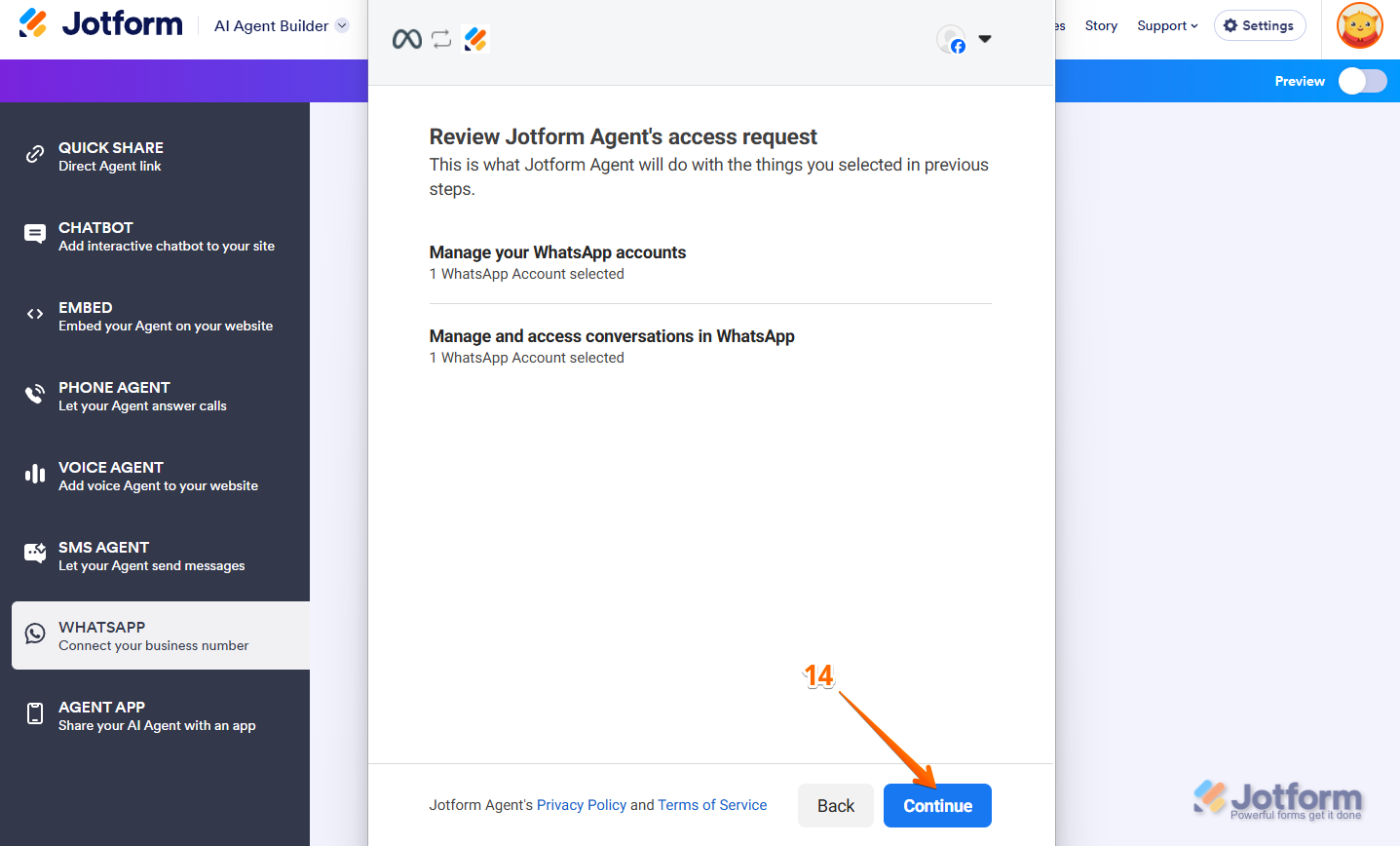 Continue Button in AI Agent Jotform