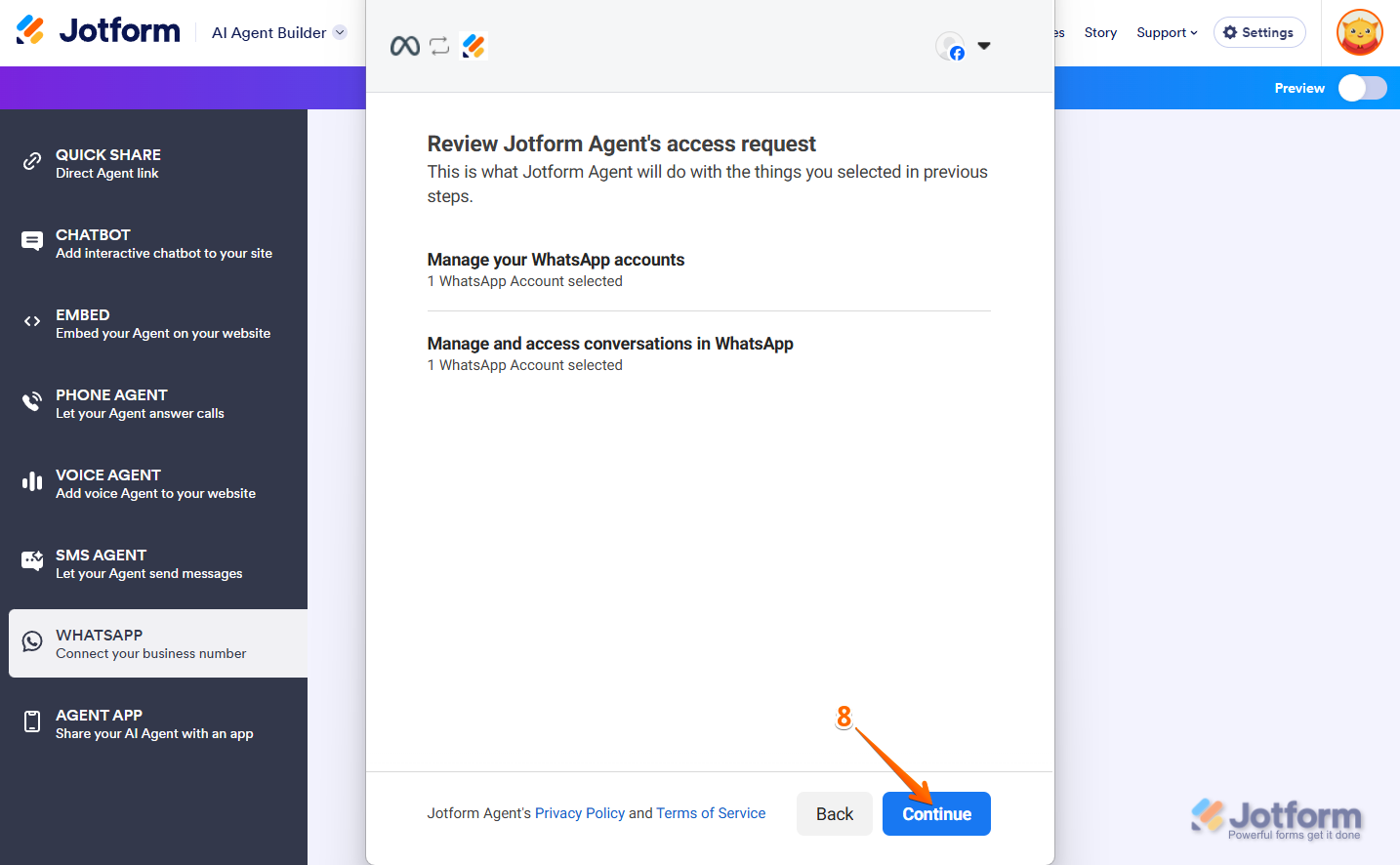 Continue Button in WhatsApp in AI Agent Jotform