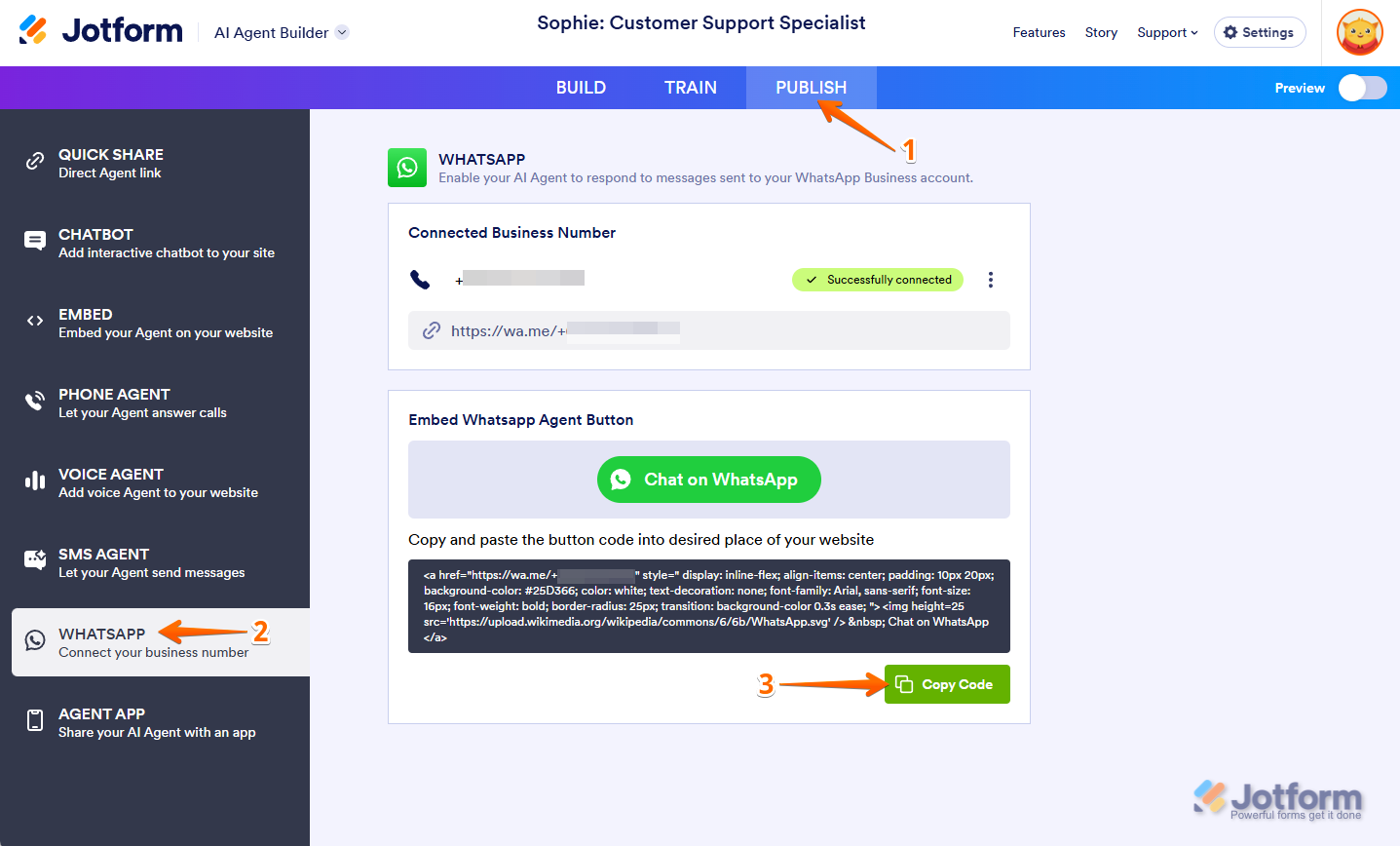 Copy Code of the Embed Code in AI Agent in Jotform