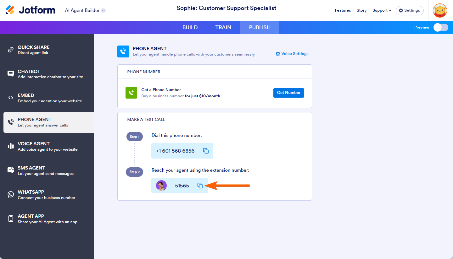 Copy to Clipboard the Extension Number in AI Agent Builder in Jotform