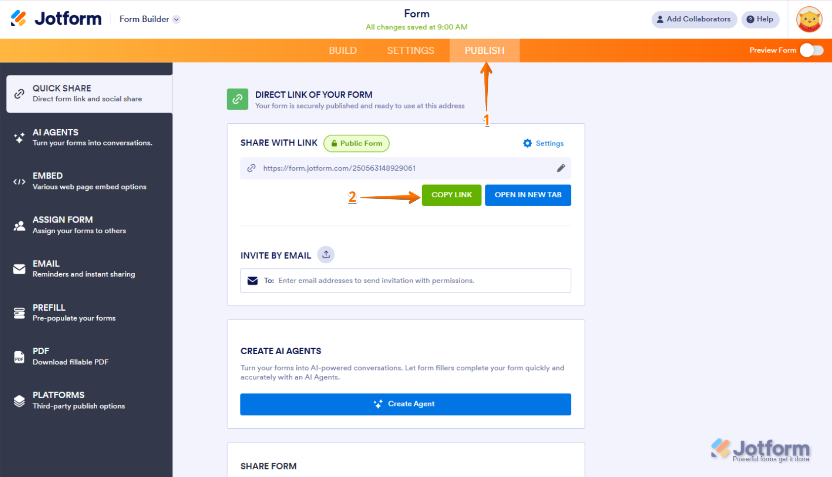 Copy link of the Form link in Jotform