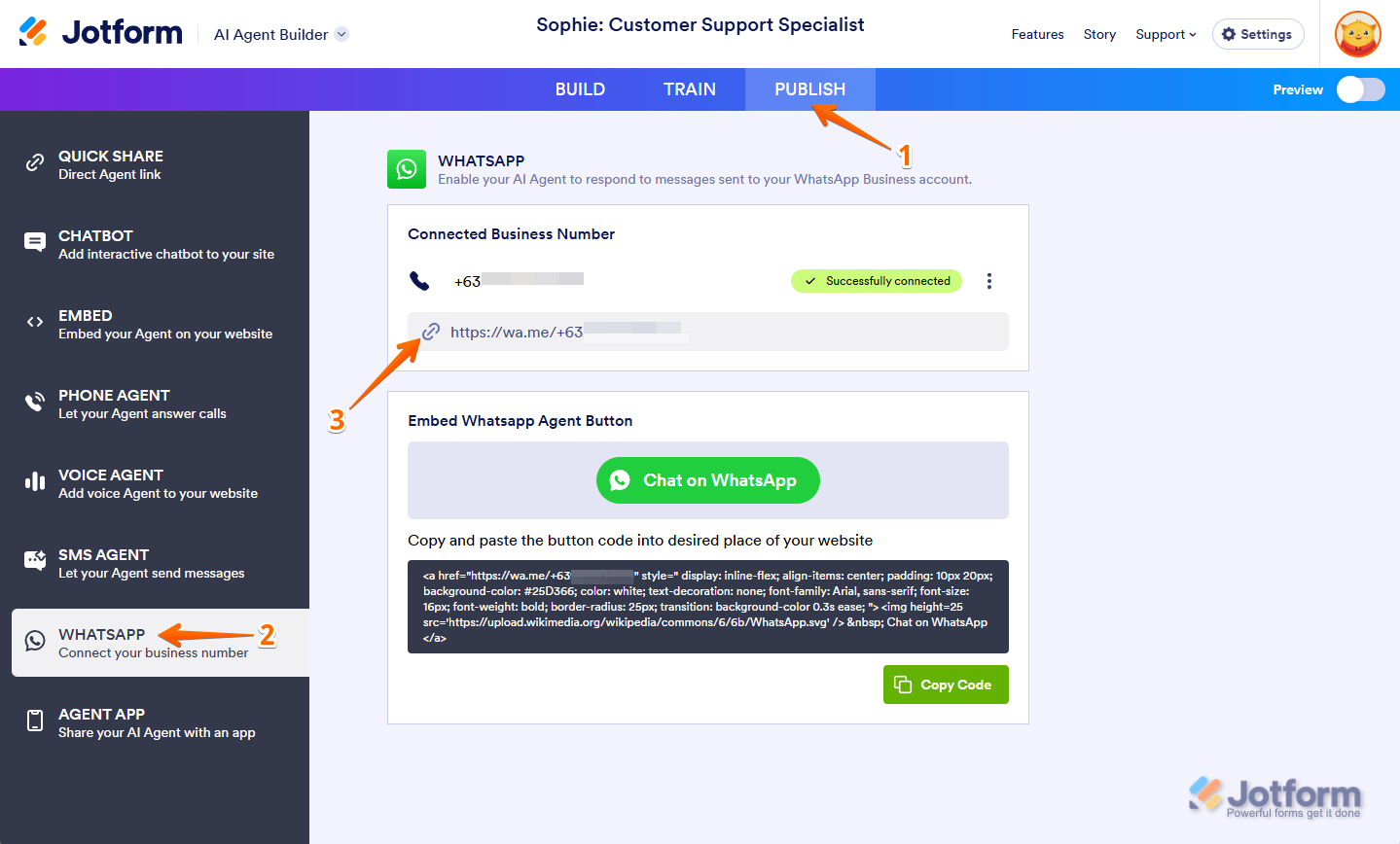 Copy Link in WhatsApp in AI Agent Jotform