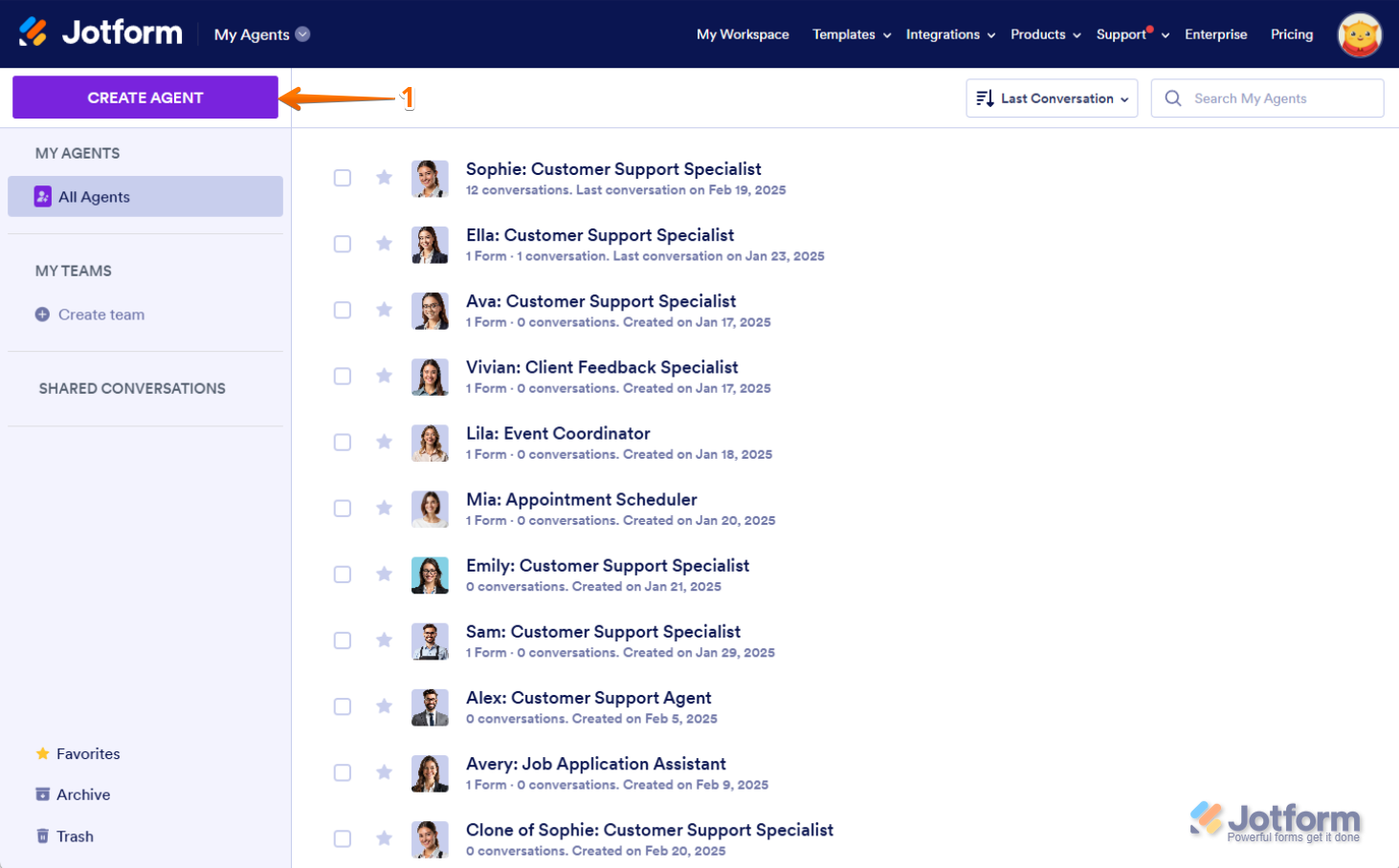 Create Agent Button in the AI Agents Page in Jotform