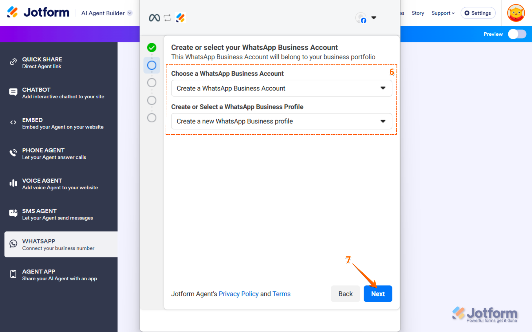 Create Business Account and WhatsApp Business Profile in WhatsApp Business Account, and click on Next in AI Agent Jotform