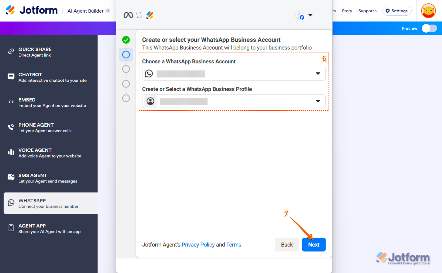 Choose Existing Business Account and WhatsApp Business Profile in WhatsApp Business Account, and click on Next in AI Agent Jotform