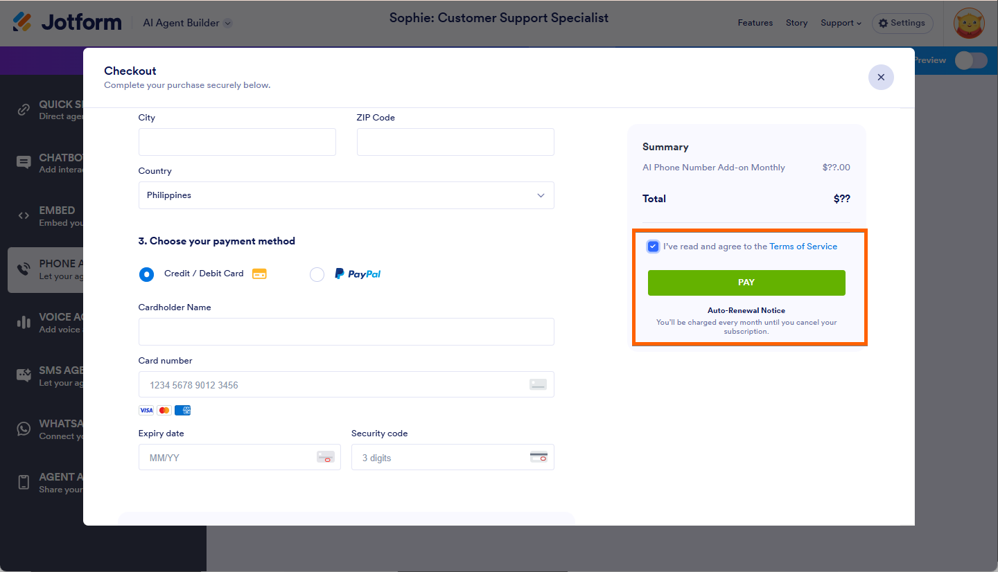 Read and Agree to the Terms of Service and Pay Button in the Payment Page of Get Number in AI Agent Builder Jotform