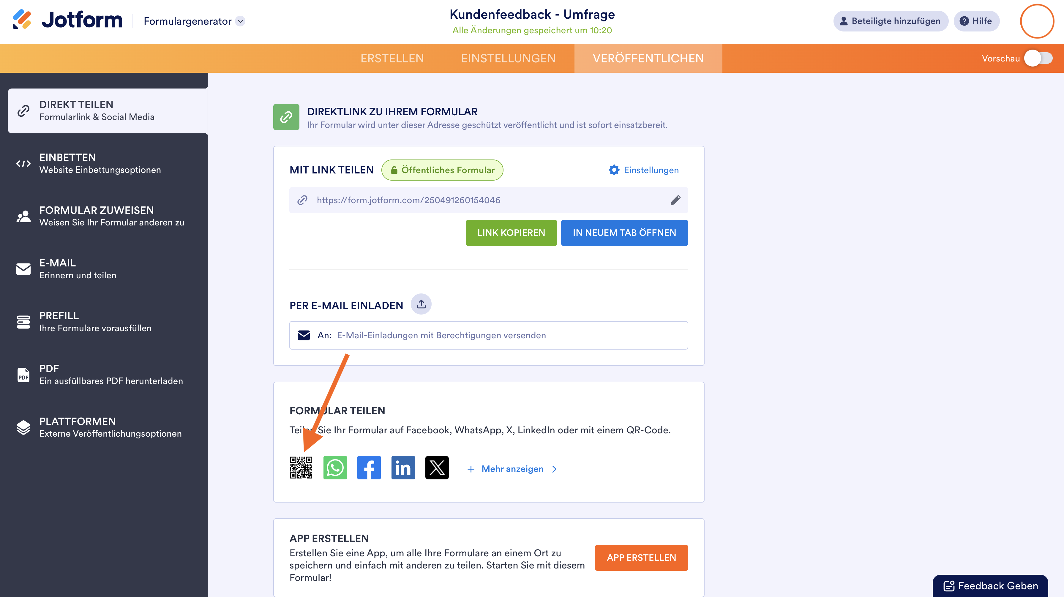 Das Bild zeigt den Bereich „Veröffentlichen“ im Formulargenerator von Jotform, in dem verschiedene Optionen für die Weitergabe eines Formulars mit dem Titel Produkt-Kundenfeedback-Formular hervorgehoben werden, darunter ein direkter Link, eine E-Mail-Einladung und soziale Plattformen wie Facebook, X (früher Twitter), LinkedIn und mehr