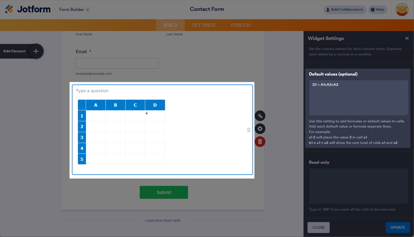 Valores predeterminados en la pestaña General del widget de hoja de cálculo de Jotform
