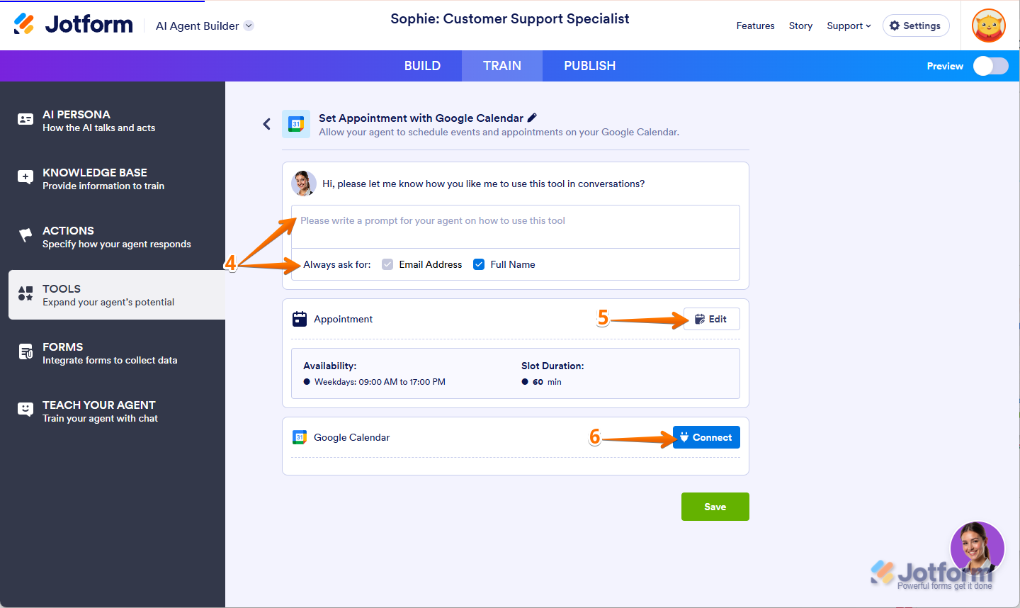 Write a Prompt About How to Use This Tool, Edit Icon of Appointment Settings, and Connect Button of Google Calendar Integration in AI Agent Jotform