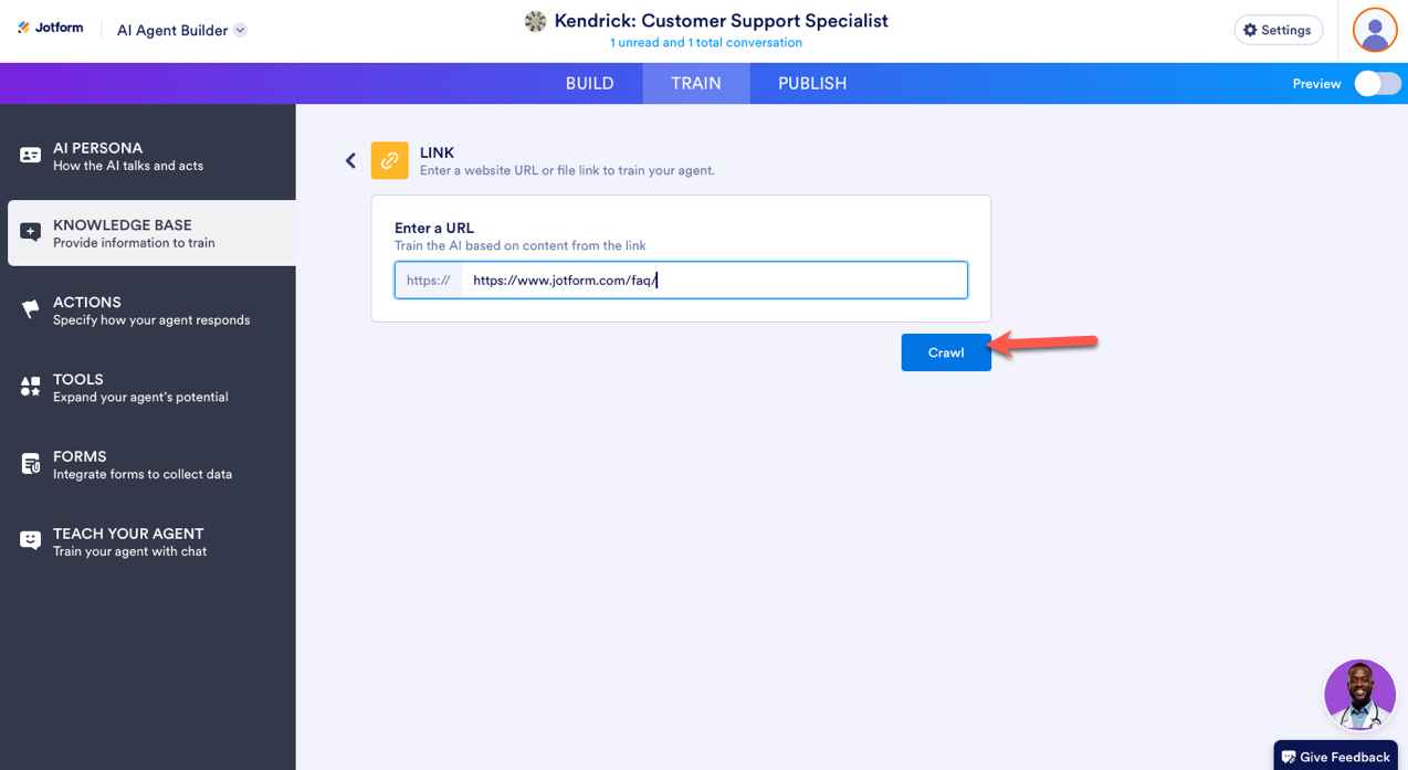 Entering a link on the Link section in the Knowledge Base tab, then clicking on Crawl in Jotform AI Agent Builder