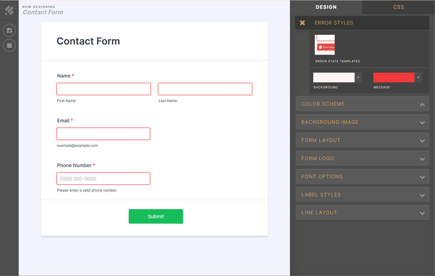 Estilos de Error en el Diseñador Avanzado en Jotform
