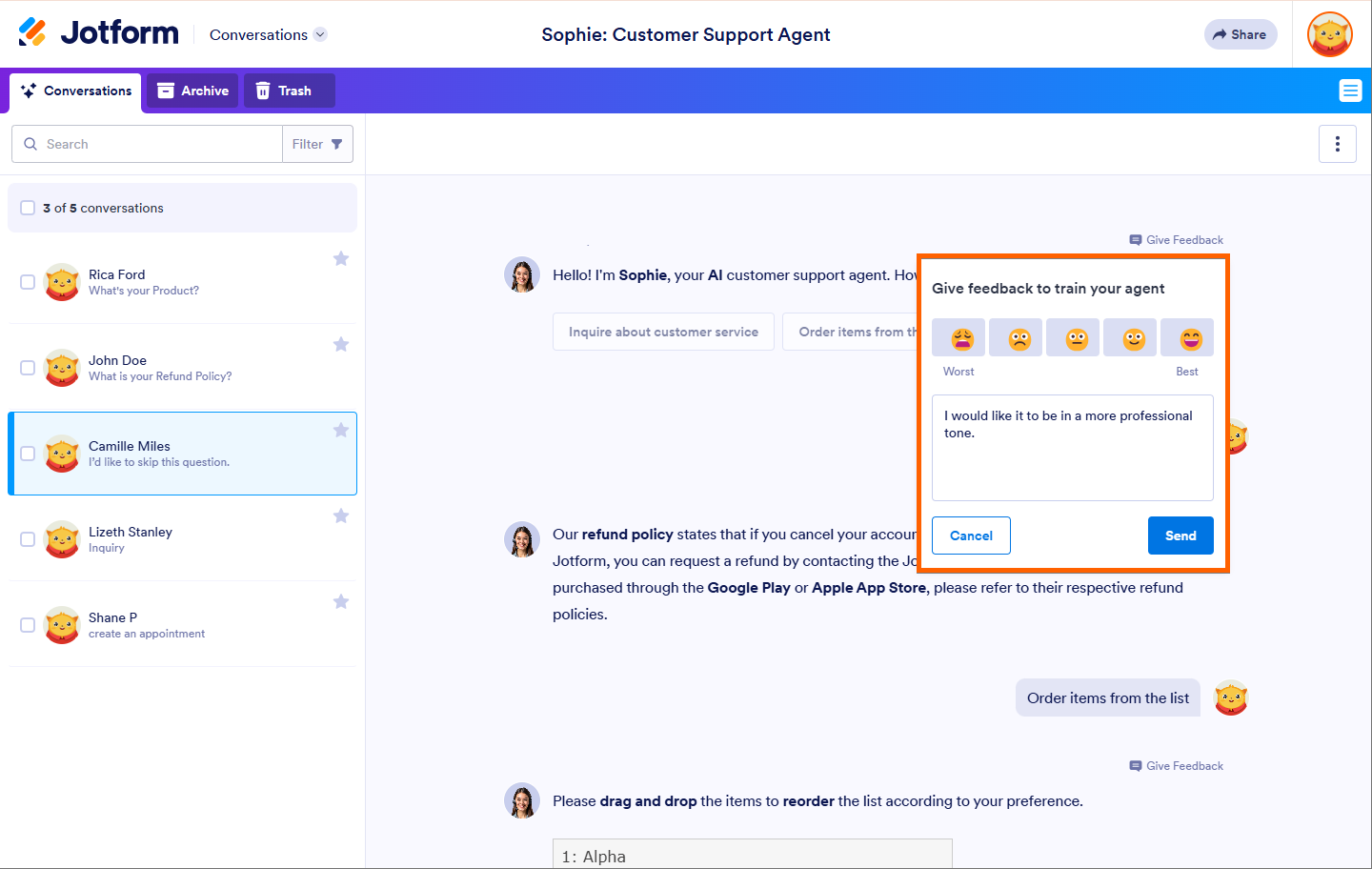Feedback Window in AI Conversations Jotform