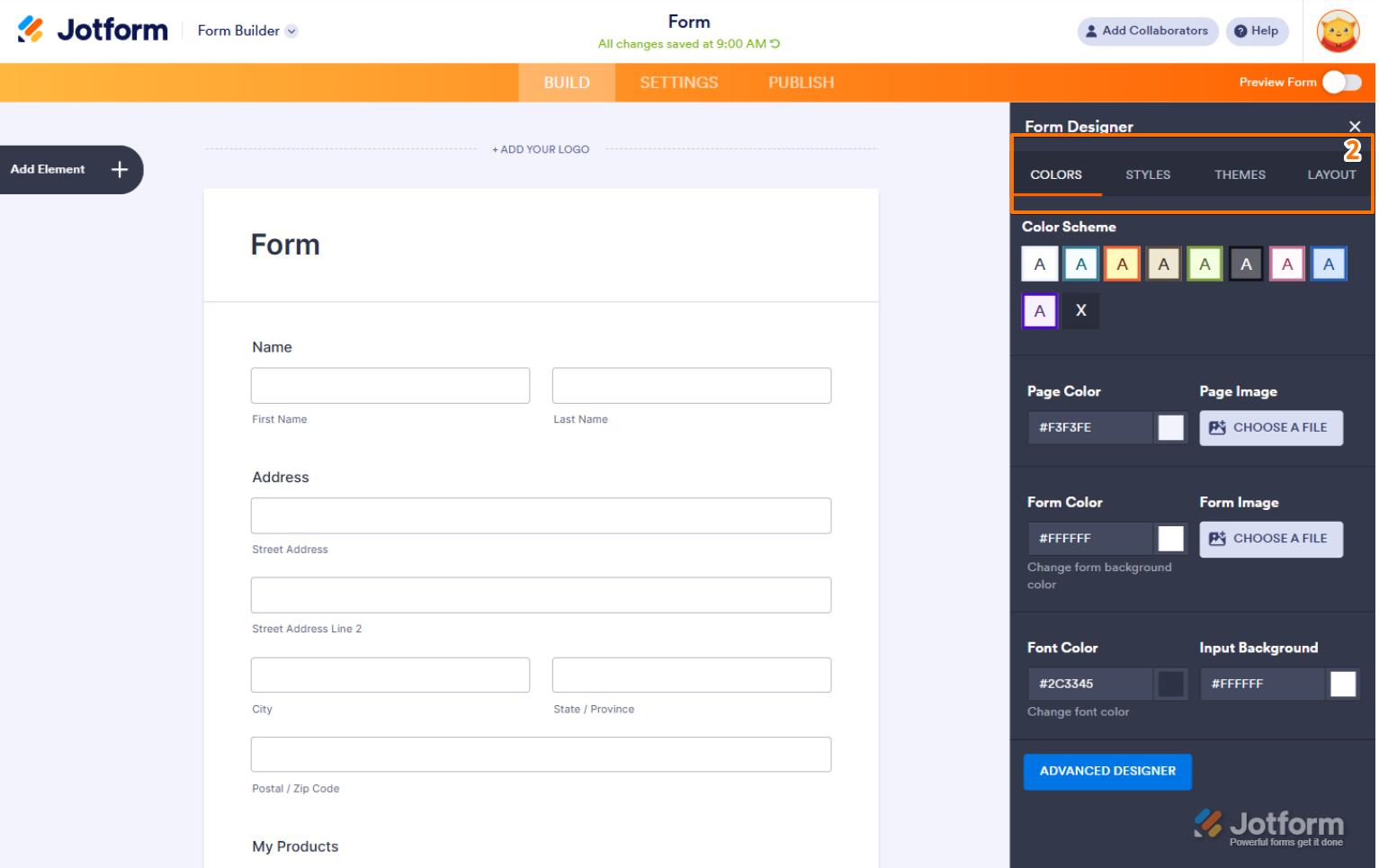Form Designer Menu, consist of Colors, Styles, Themes and Layout Tab in Form Builder Jotform