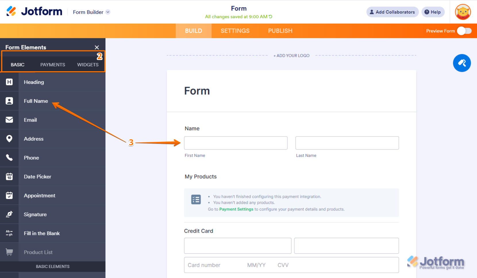 Form Elements menu in Jotform, displaying Basic, Payments, and Widgets tabs, allowing users to drag and drop elements into their form