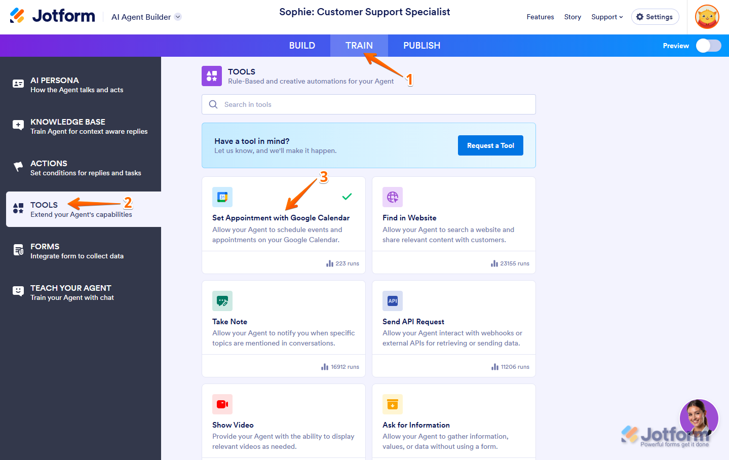 Google Calendar Integrated showing in AI Agent Jotform
