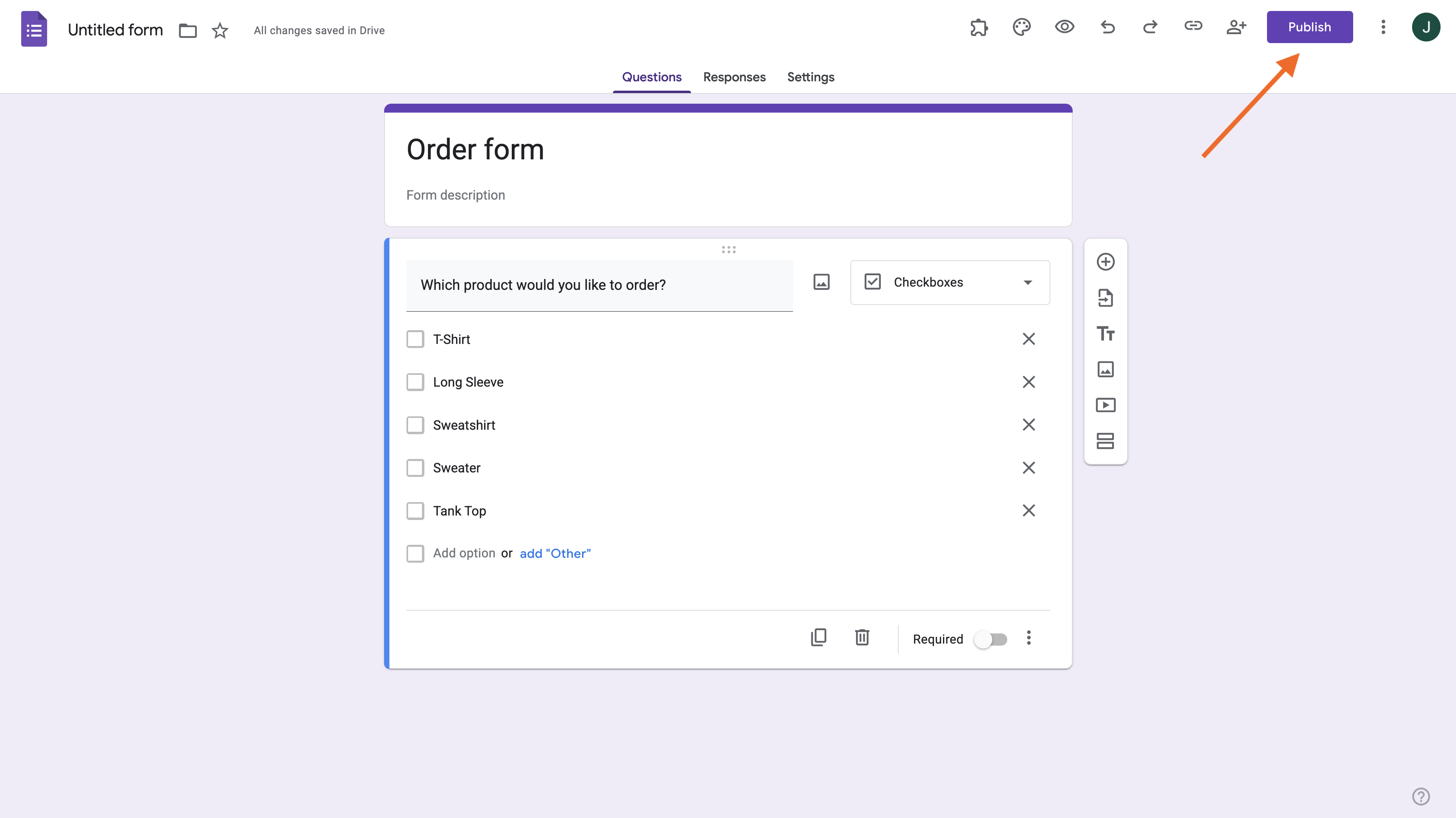 Mengklik tombol Publikasikan di Google Forms
