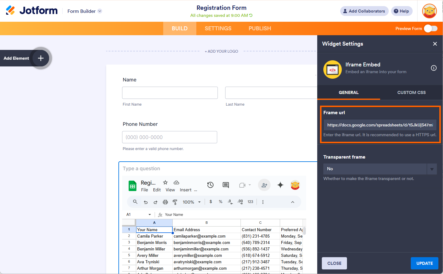URL de la hoja de cálculo añadida en el cuadro de URL del Marco en Jotform