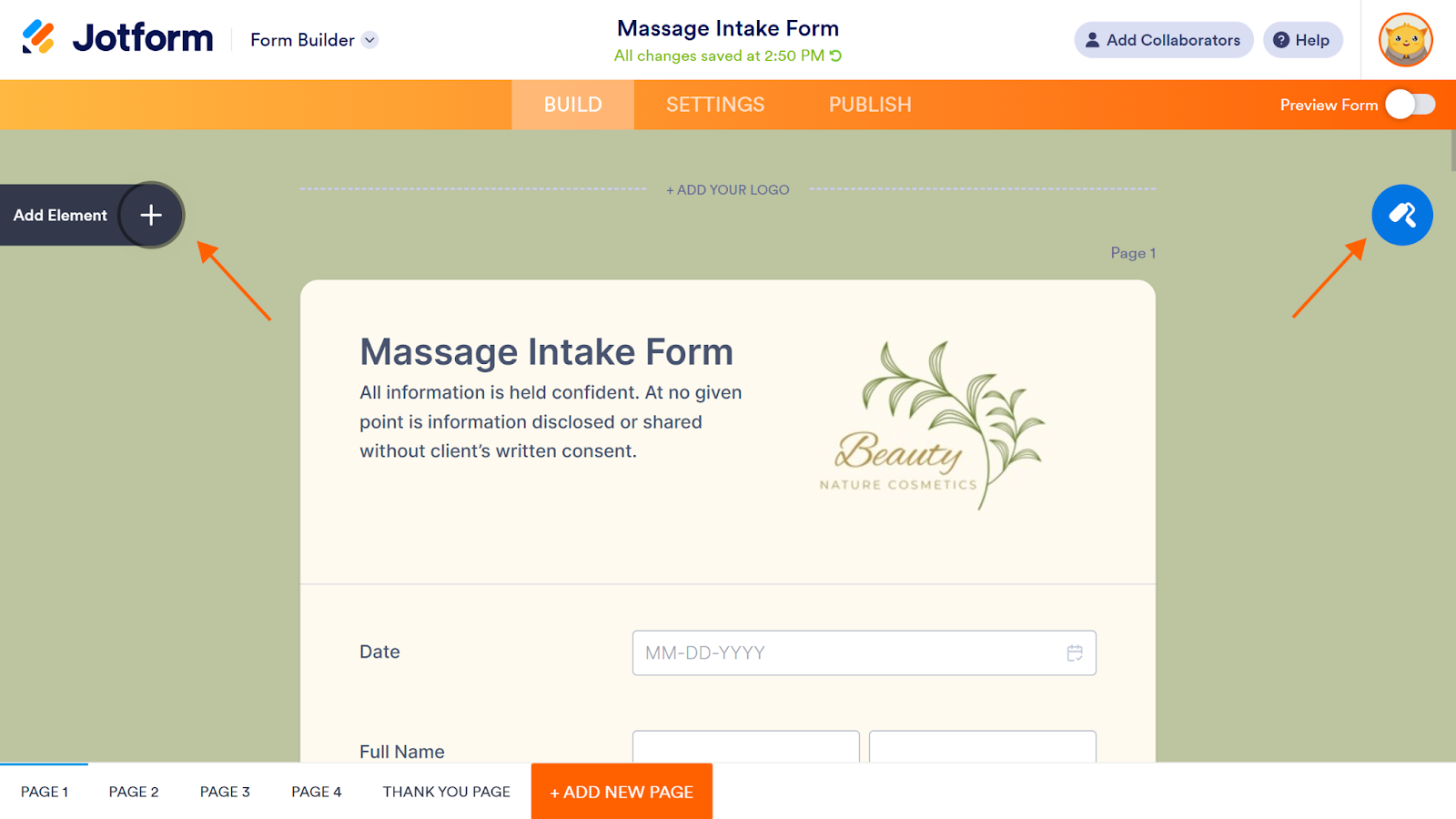 Clicking on the Add Element button and then on Form Designer button on Massage Intake Form