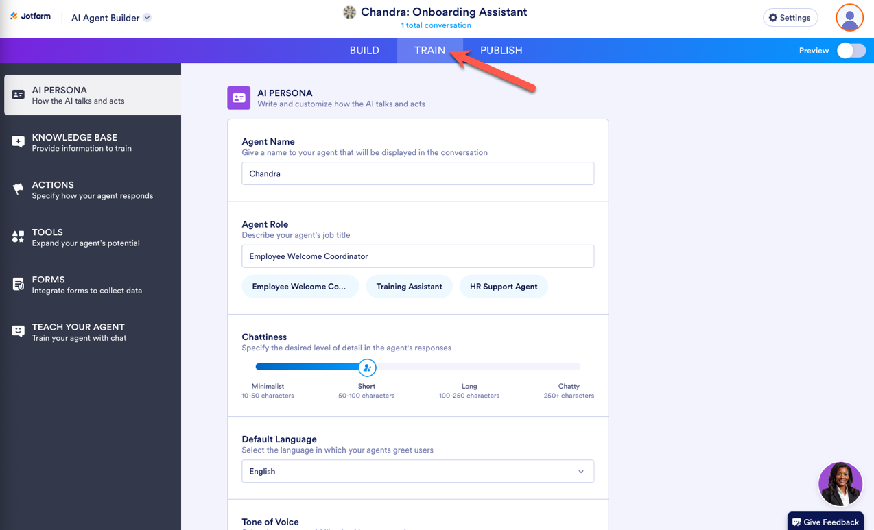 Clicking on the Train tab in Jotform AI Agent Builder