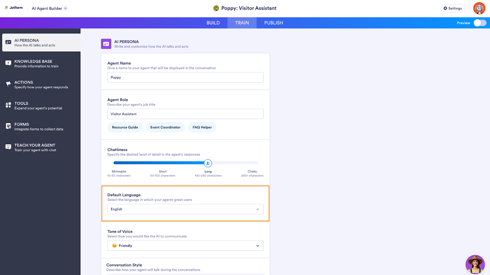 AI Persona tab in Jotform AI Agent Builder Highlighting the Default Language Section