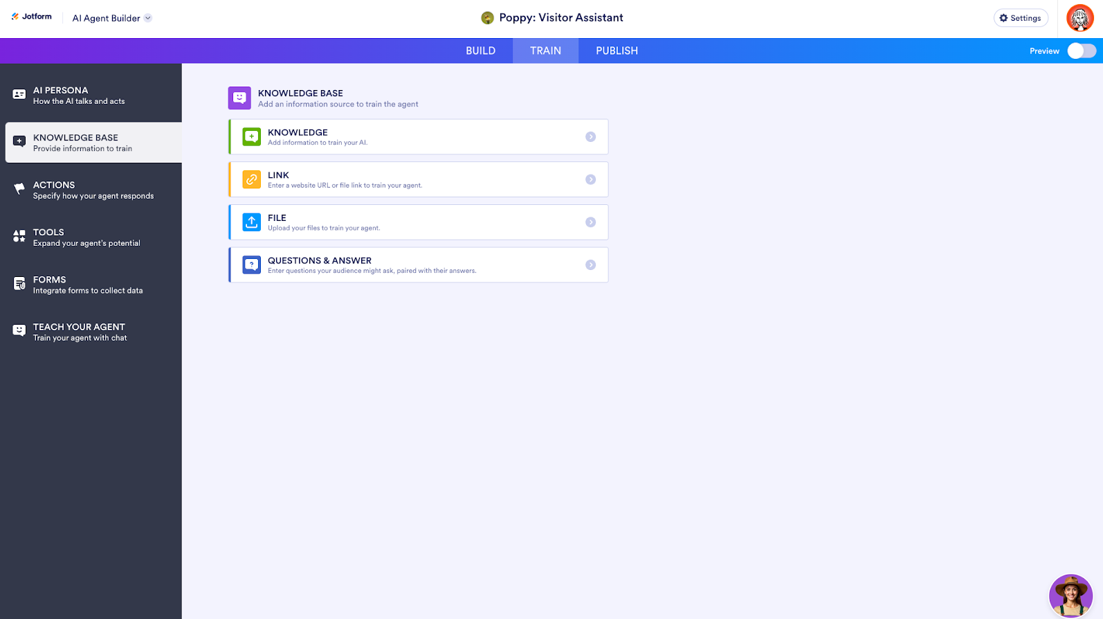 Knowledge Base tab in Jotform AI Agent Builder