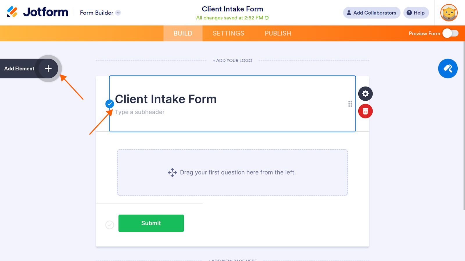 Clicking on Add Element button on Jotform Form Builder