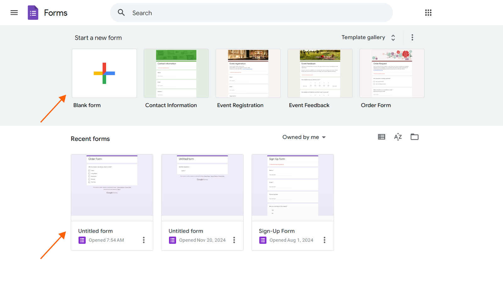 Clicking on the Blank form button on Google Forms