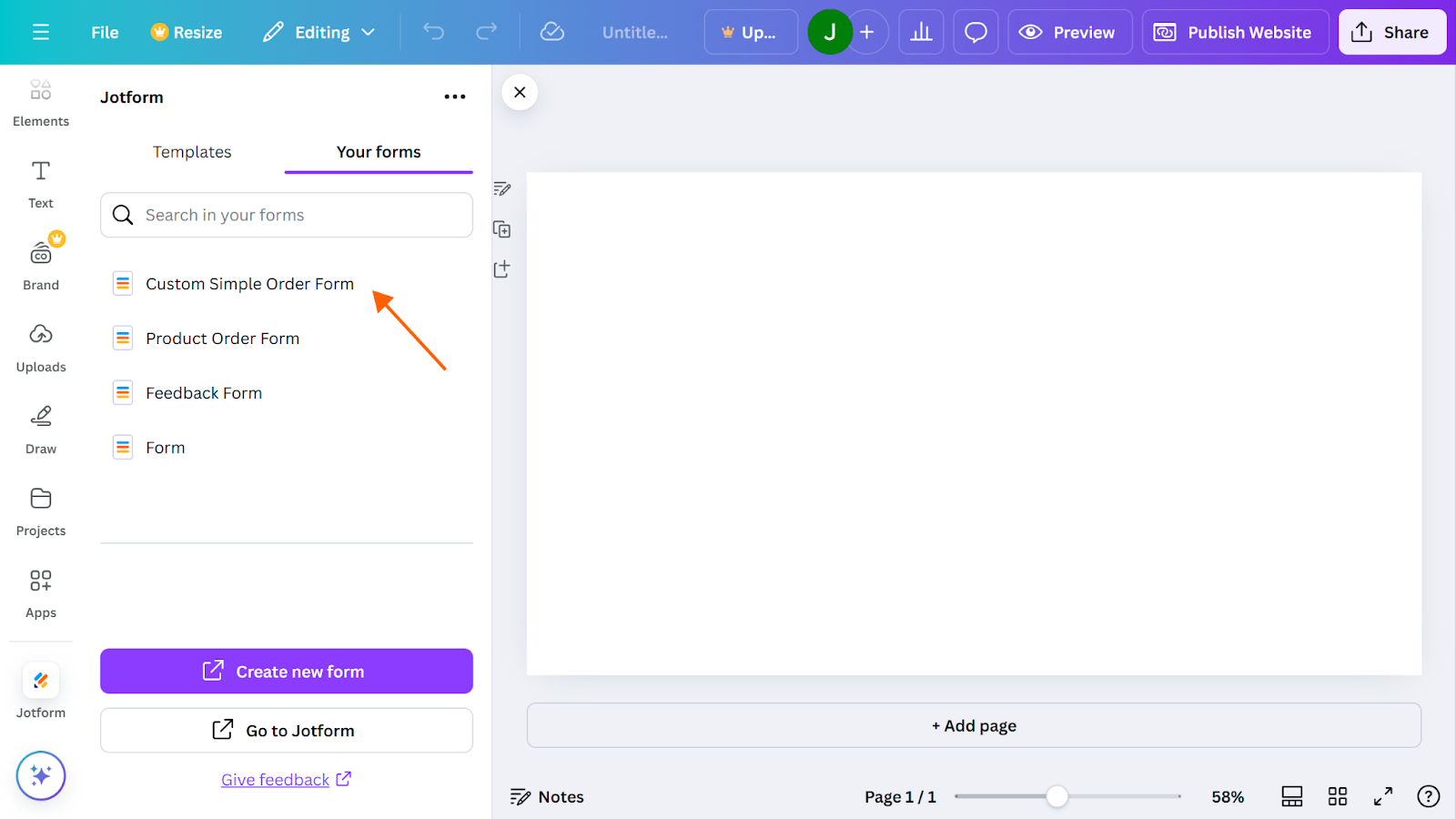 Screenshot of a Canva website with the Jotform app open on the left side with an arrow pointing to the "Custom Simple Order Form" form option