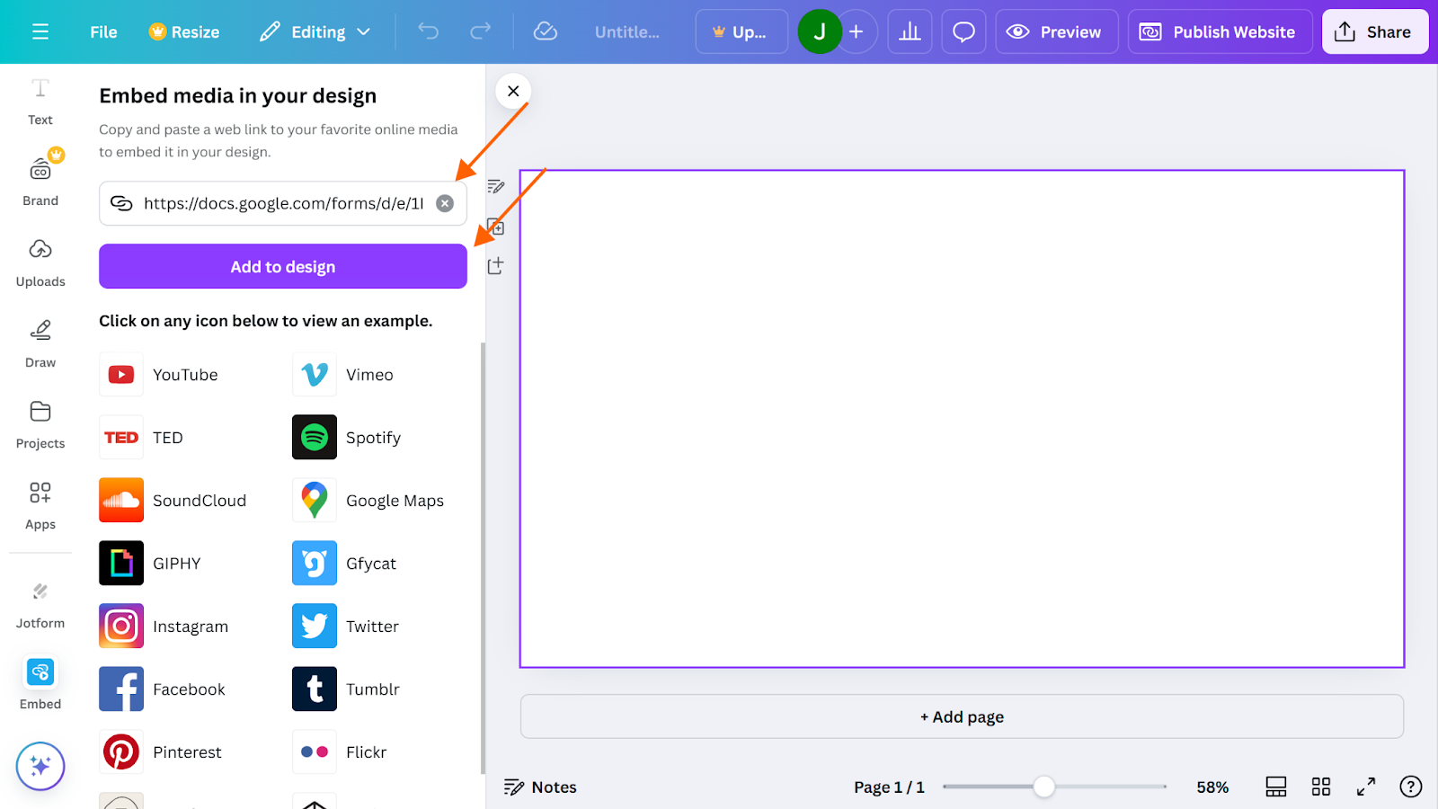 Screenshot of a blank Canva project, with arrows pointing to the search box with a Google Forms link and the "Add to Design" button in the Embed app