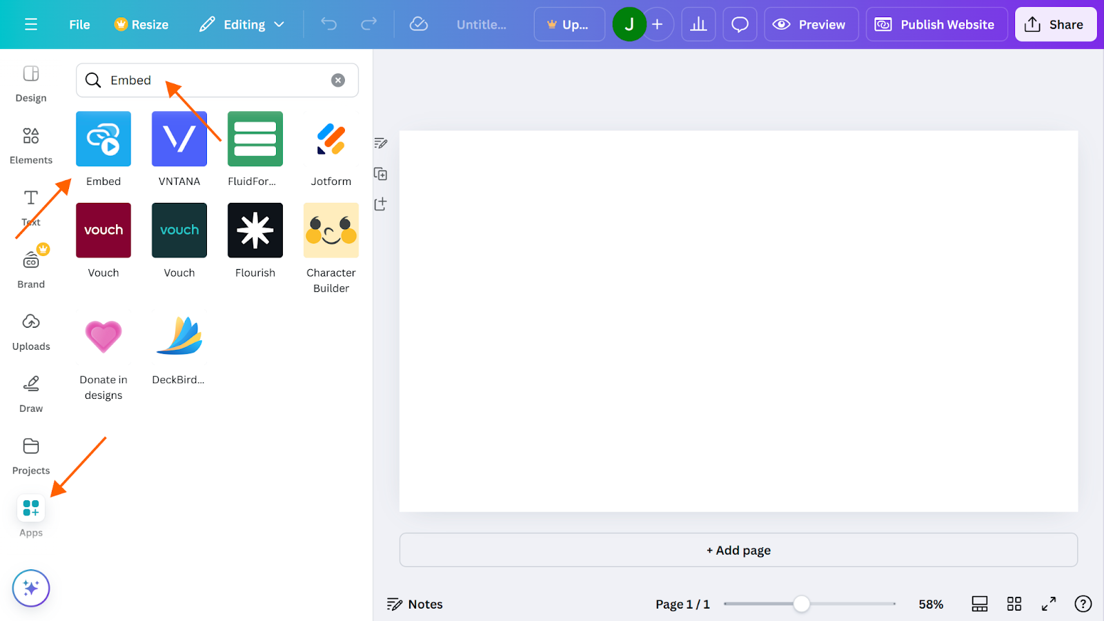 Screenshot of a blank Canva project, with arrows pointing to the "Apps" menu button, search text box with "Embed" entered, and the "Embed" app icon