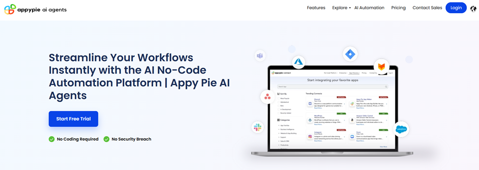 Appy Pie's website page with the words: "Streamline Your Workflows Instantly with the AI No-Code Automation Platform
