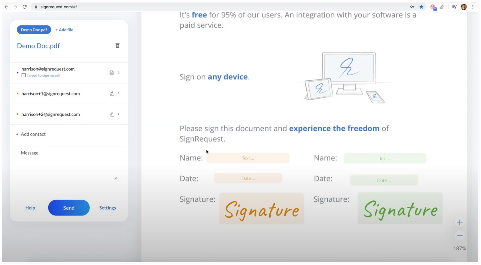 Interface do usuário do SignRequest