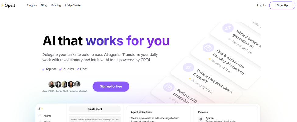 Spell's website page with the words: "AI that works for you