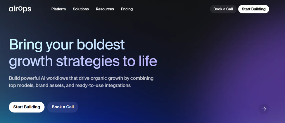AirOps's website page with the words: "Bring your boldest growth strategies to life