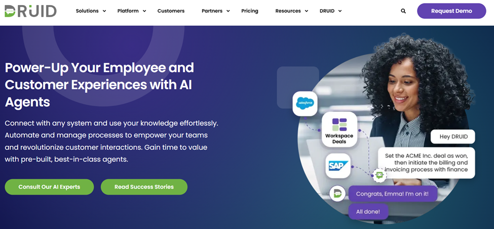 DRUID's website page with the words: "Power-Up Your Employee and Customer Experiences with AI Agents