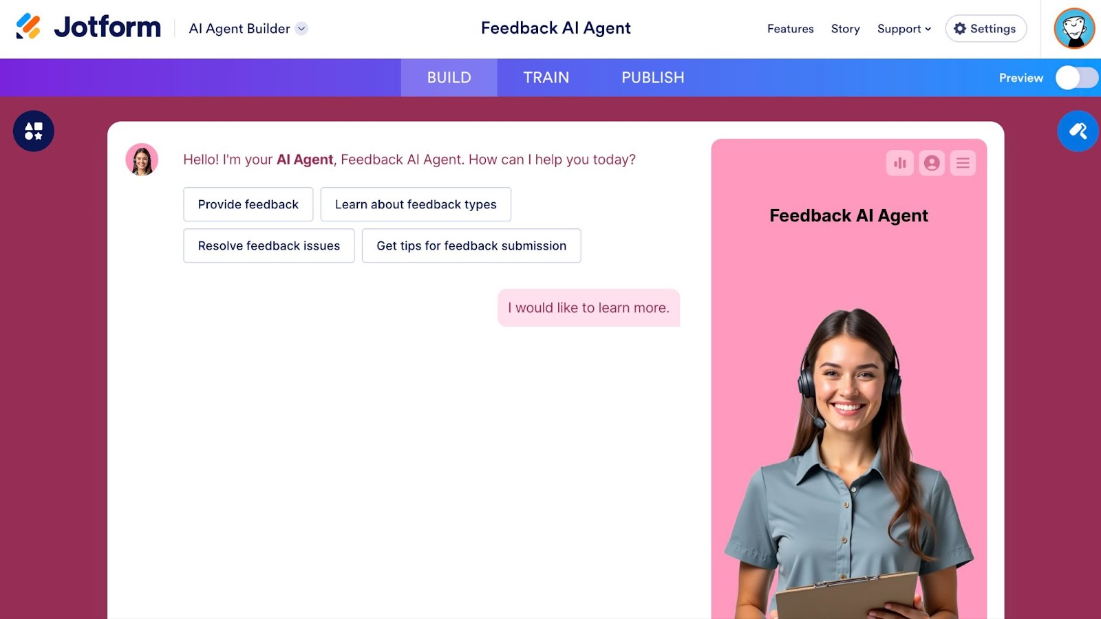 A screenshot of the AI Agent builder with a Feedback AI agent in progress