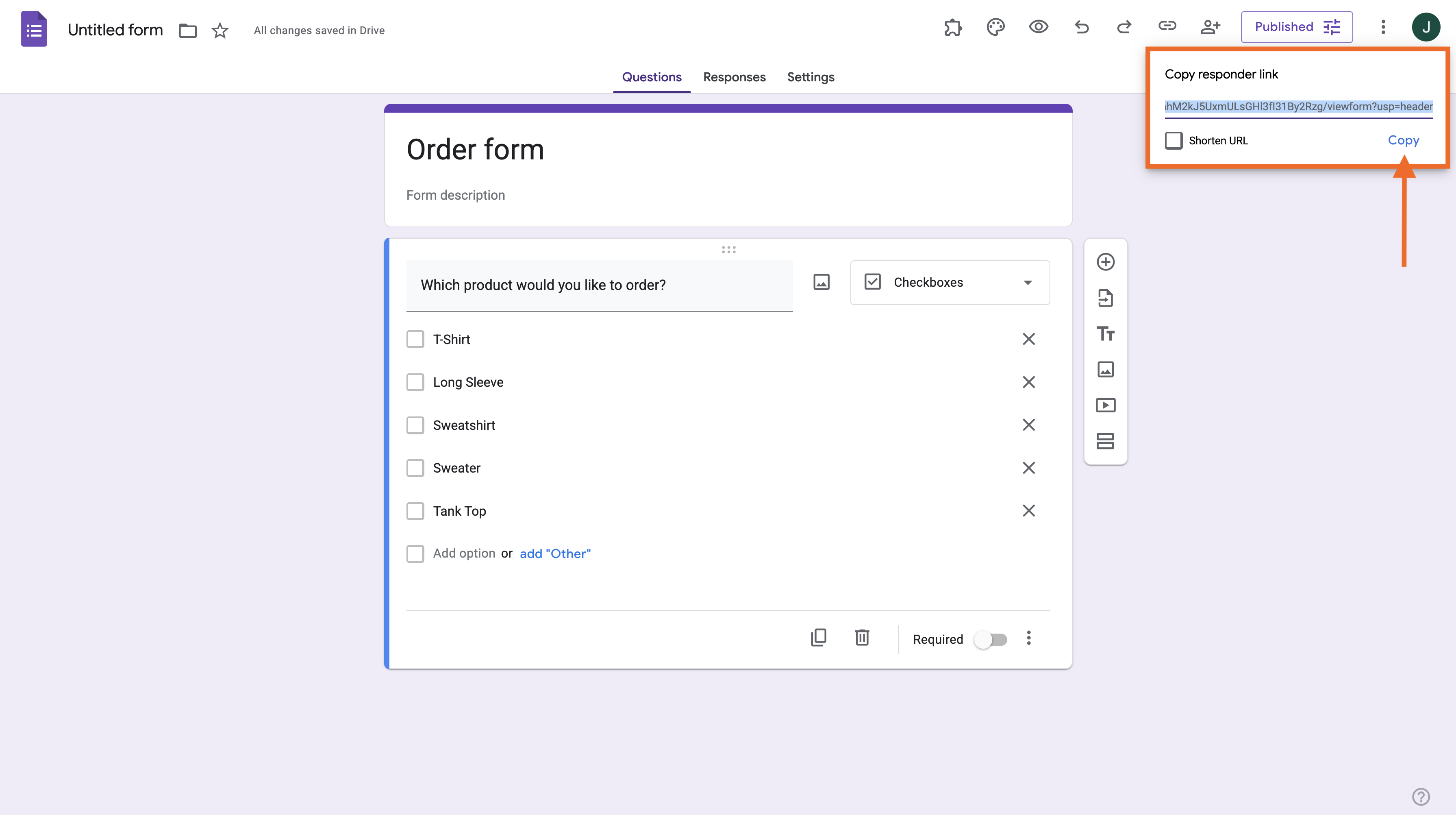 Mengklik tombol Salin di jendela Salin tautan responden di Google Forms