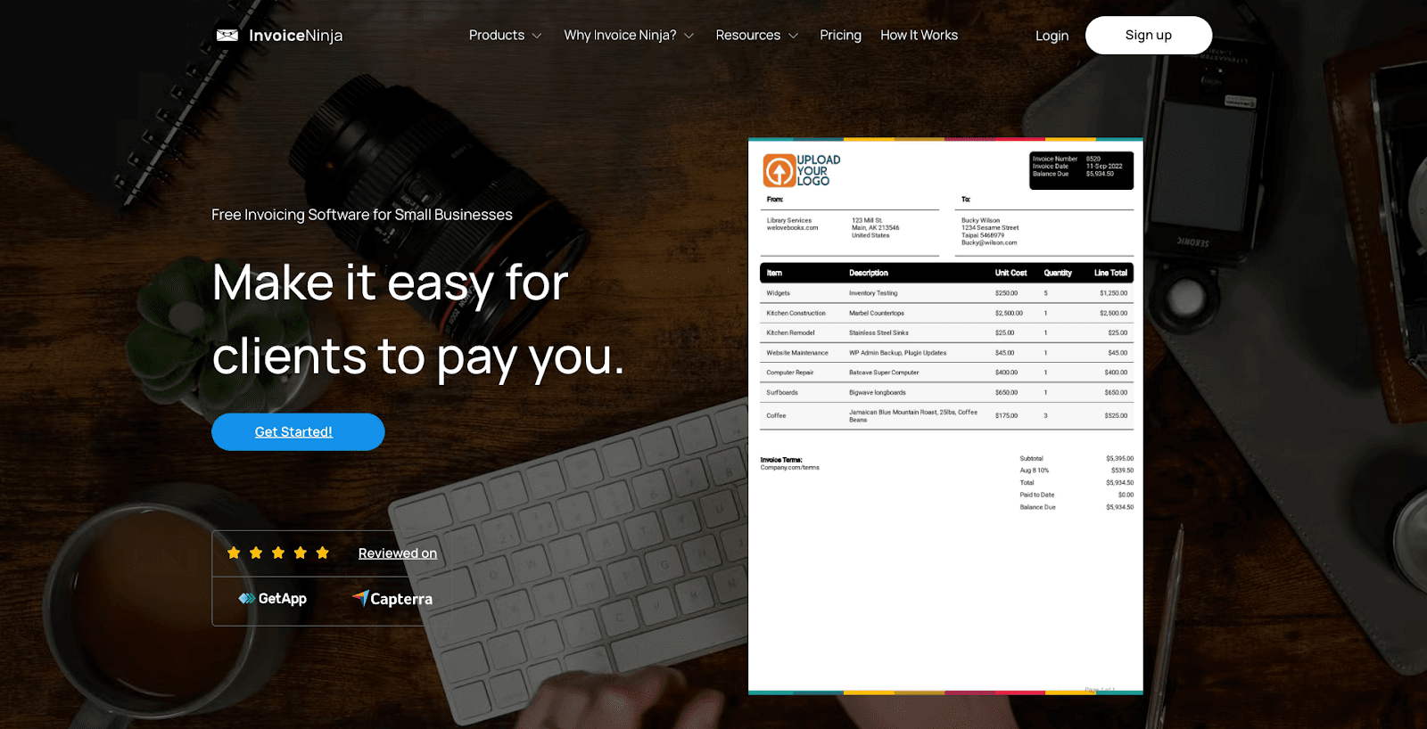 Page de destination Invoice Ninja