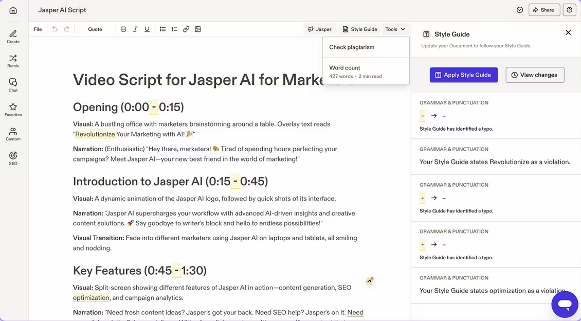 Jasper AI Script user interface
