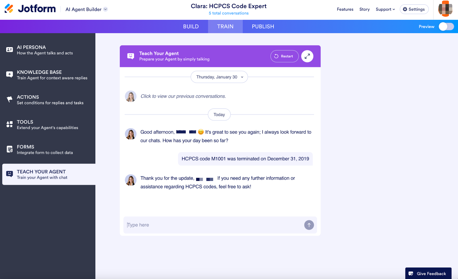 Using the Teach Your Agent feature in the Train tab in Jotform AI Agent Builder