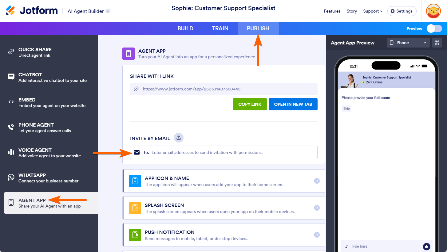 Invite by Email option to share the Agent as App in Jotform