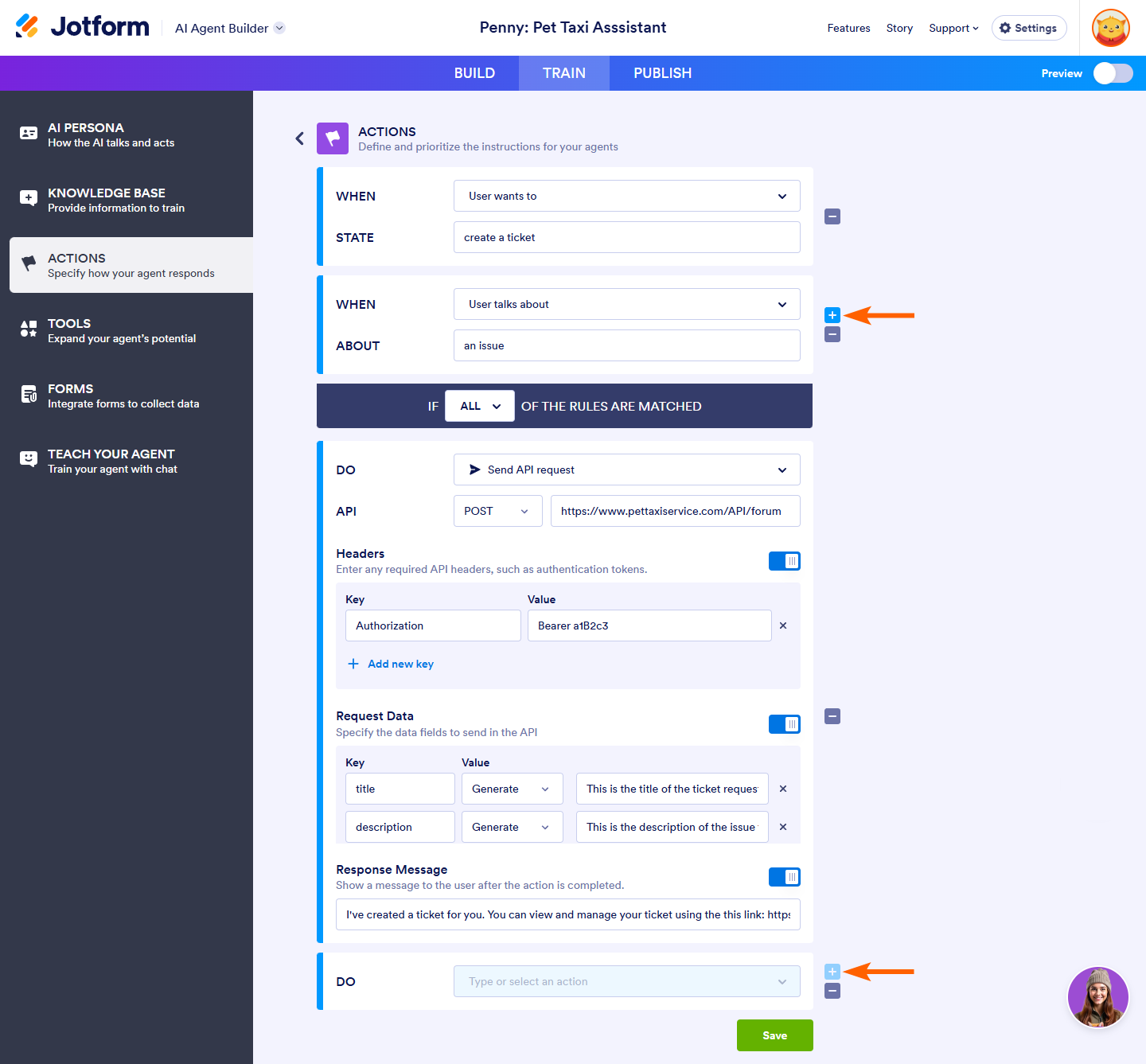 Add action and condition buttons of the Actions section in the Train tab of the Jotform AI Agent Builder