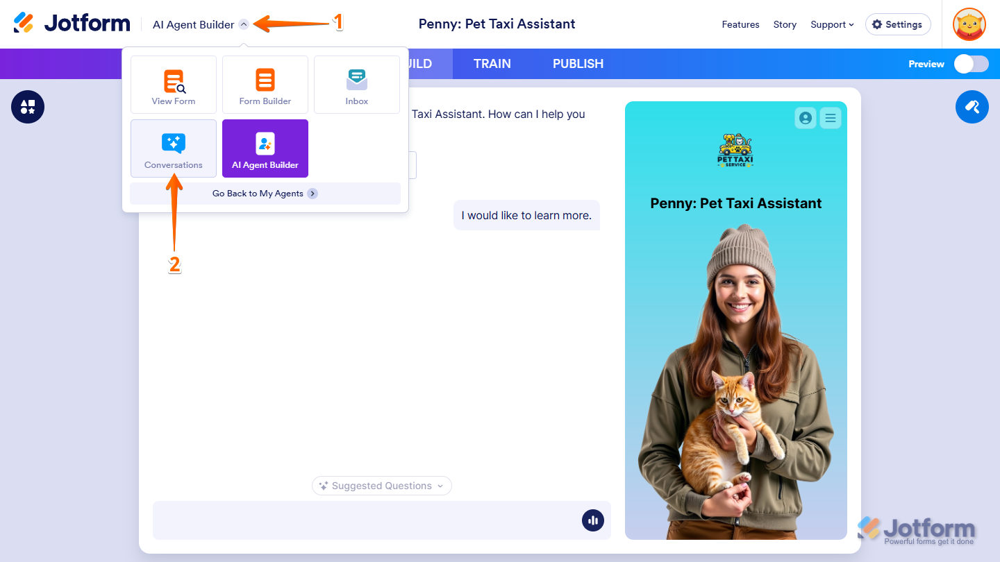 App Picker menu in Jotform AI Agent Builder
